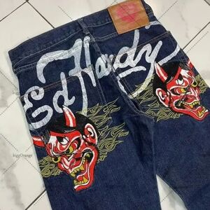 Ed Hardy Men's Dark Blue Jeans with Red and White Graphics